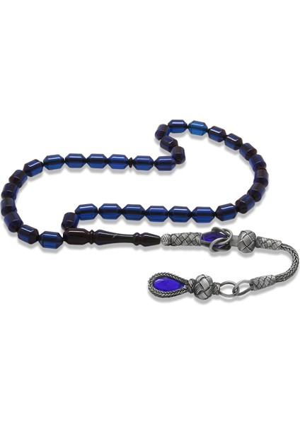 1000 Ayar Gümüş Kazaz Püsküllü Uçlu Kapsül Kesim Koyu Lacivert Sıkma Kehribar Tesbih