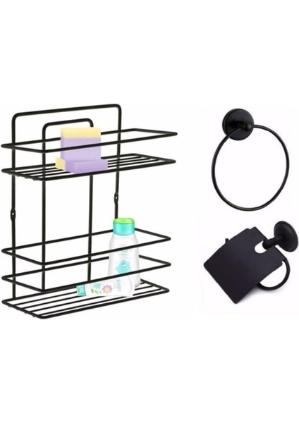Aksesuar Seti 3 Lü Siyah, Ömür Boyu Paslanmaz Düz Rafı Şampuanlık Siyah Tş -02