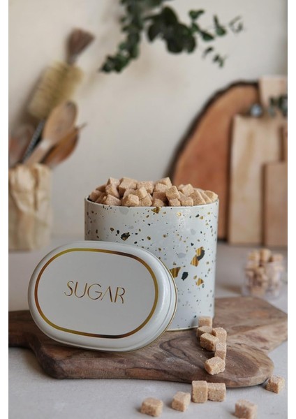 Terrazzo Cream Desenli Oval Metal Saklama Kabı 11X15 cm (Terrazzo Cream)