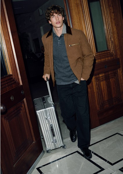 Yaka Detaylı Kahverengi Suni Süet Ceket 0110638-70378