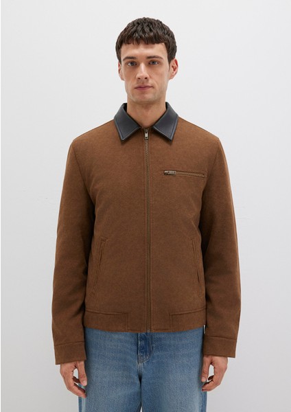 Yaka Detaylı Kahverengi Suni Süet Ceket 0110638-70378