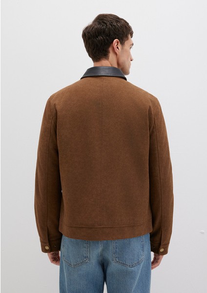 Yaka Detaylı Kahverengi Suni Süet Ceket 0110638-70378