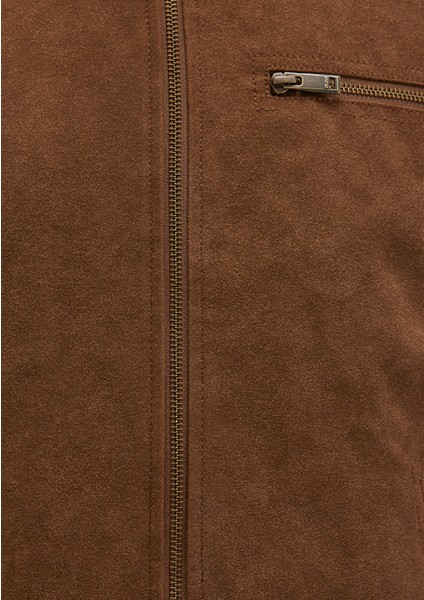 Yaka Detaylı Kahverengi Suni Süet Ceket 0110638-70378