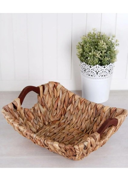 Wicker Serisi Bezli Diktördgen Ahşap Kulplu Hasır Ekmek Sepeti