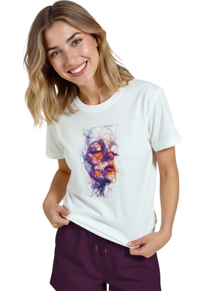 Kadın Beyaz Relaxed Fit %100 Pamuk Tişört – Renkli Doodle Portre Baskılı modelleri