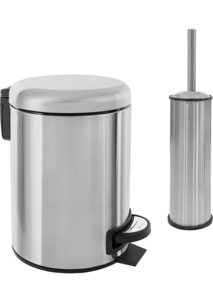 Serisi Antifenger Özellikli 2&apos;li Seti Çöp Kovası ve Kolozet Fırçası Paslanmaz Krom 3 Litre