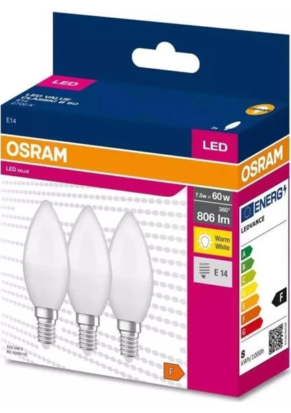 LED Value CLB60 7,5W/827 3&apos;lü E14 Duy Sarı Işık 2700K LED Mum Ampul