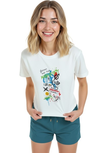 Kadın Beyaz Relaxed Fit %100 Pamuk Tişört – Graffiti & Tipografi Sokak Baskılı fırsatları