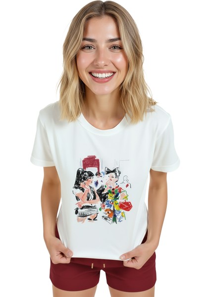 Kadın Beyaz Relaxed Fit %100 Pamuk Tişört – Renkli Sokak Karakterleri Baskılı modelleri