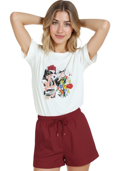 Kadın Beyaz Relaxed Fit %100 Pamuk Tişört – Renkli Sokak Karakterleri Baskılı indirimleri