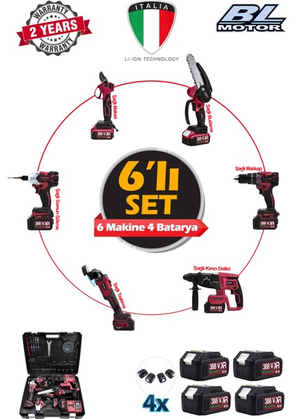 388VF 10AH 6'lı Set Kırıcı Delici Matkap Taşlama Somun Sökme Dal Budama Makas Akülü Profesyonel Set modelleri