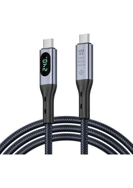 Type-C Kablo, LED Ekranlı, 240W 40GBPS, 8k 60Hz Destekli, Örgülü, Siyah-Gri