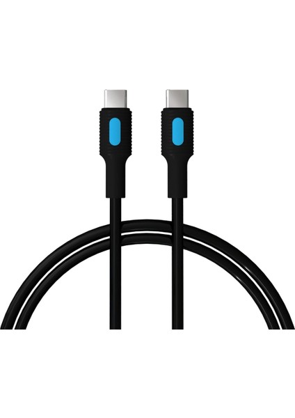 Type C-C Power Delivery Hızlı Şarj Kablosu, Siyah Kablo, Mavi/siyah Uçlar (150 Cm)