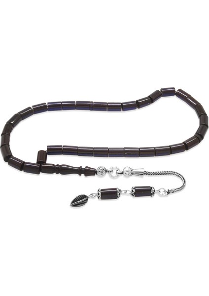 925 Ayar Gümüş Püsküllü Kesme Kesim Mini Boy Lacivert Siyah Sıkma Kehribar Tesbih