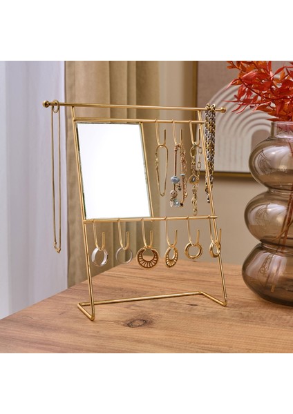 Metal Dikdörtgen Aynalı Takı Askısı - Sarı - 26,5X26,5X7 cm