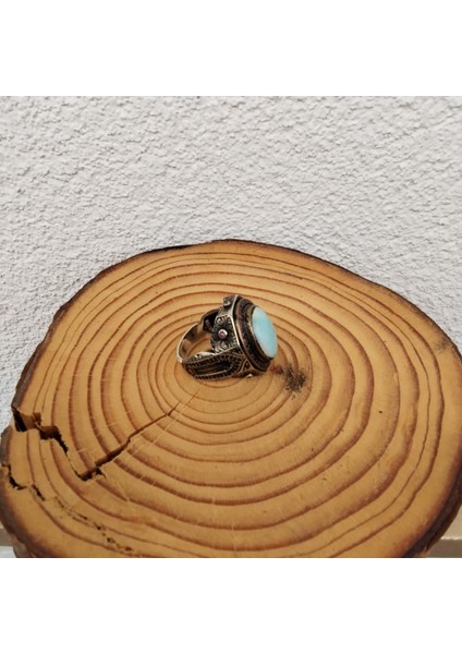 925 Ayar Gümüş Şık Tasarım Mavi Opal Taşlı Erkek Yüzük – El Işçiliği - Oval - Yan Kenarları Işlemeli