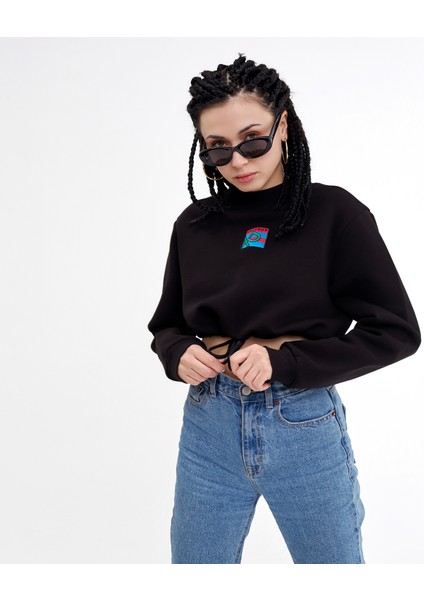 Logo Nakışlı Yüksek Yaka Crop Sweatshirt