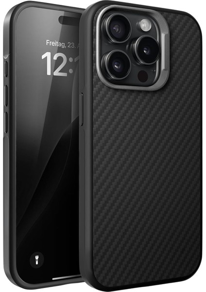 13 Pro Için Fiber Karbon Arka Tasarımlı Metal Tuşlu ve Lens Çerçeveli Sararmayan ve Çizilmeyen Güçlü Darbe Emici Premium Silikon Kılıf (Siyah, 13 Pro)
