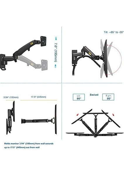 Bayou Nb F150 Ergoflex 17-35" Duvara Montaj Monitör Tutucu Kol Amortisörlü Monitör fiyatları