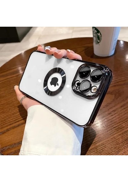 Ggm Aksesuar 14 Pro ile Uyumlu Laser Şeffaf Parlak Arka Yüzey ve Logo Detaylı Kenarları Silikon Yapıya Sahip Lens Koruyuculu Kılıf (Siyah)