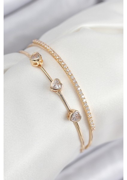 Pirinç Zirkon Taşlı Kalp Model Gold Renk Kadın Bileklik