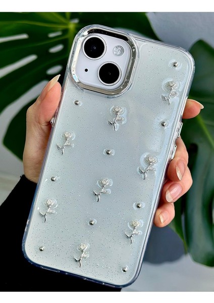 Aksesuar 13-14 - 15 Uyumlu Şeffaf Mini Gül Epoksili Telefon Kılıfı - Minigül