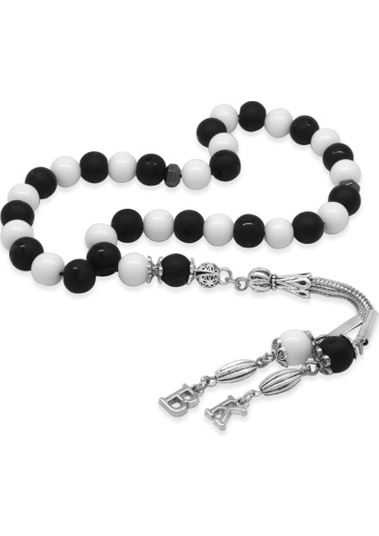 Kararmaz Metal Isme Harf Püskül Küre Kesim Siyah Beyaz Jade Ayyıldız Oniks Doğaltaş Taraftar Tesbih