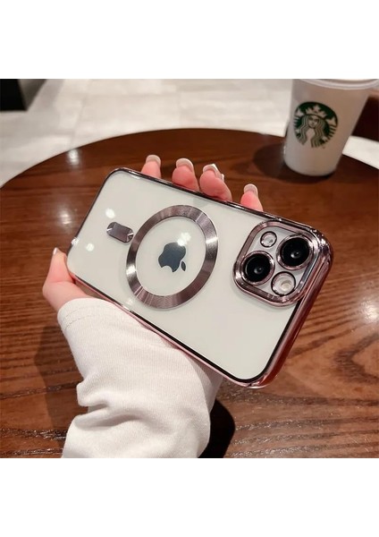 Aksesuar 15 Için ile Uyumlu Arka Kısmı Parlak Şeffaf Yapıya Sahip Kenarları Silikon Yapılı Güçlendirilmiş Kamera Lens Kablosuz Şarj Destekli Kılıf (Pembe)