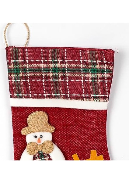 Yılbaşı Süsü Ekose Desenli Çorap Kardan Adam Figürlü Koyu Kırmızı 21X34 Cm. fiyatları