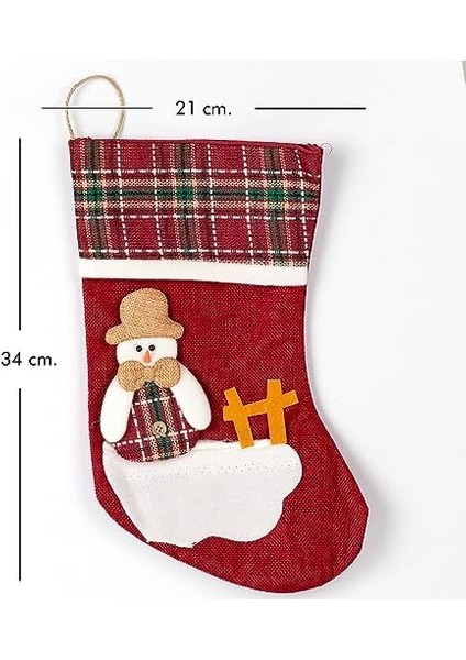 Yılbaşı Süsü Ekose Desenli Çorap Kardan Adam Figürlü Koyu Kırmızı 21X34 Cm. modelleri