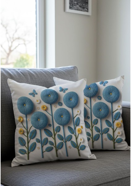 Mavi Çiçek ve Kelebek Desenli Dekoratif Kırlent Kılıfı, 43X43 Cm, 2&apos;li Set, Fermuarlı