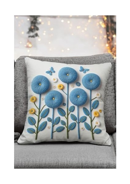 Mavi Çiçek ve Kelebek Desenli Dekoratif Kırlent Kılıfı, 43X43 Cm, 2&apos;li Set, Fermuarlı fiyatları