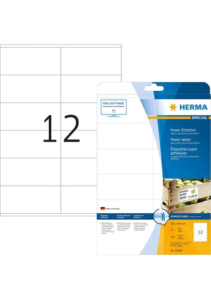 10908 Power Etiket Dın A4 Büyük 105 x 48 Mm, 25 Yaprak, Kağıt, Mat Kendinden Yapışkanlı, Basılabilir, 300 Yapışkan Etiket, Beyaz