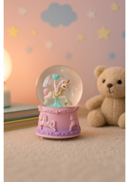 Unicorn Kar Küresi | Renkli Hayal Dünyası Serisi | Masalsı Işıklı Dekor & Hediye