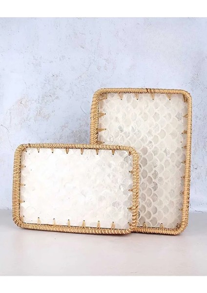 MIEN-1360 Serisi Dikdörtgen Sedef Tabanlı Hasır Örgü Tepisi - 2'li Karma Set