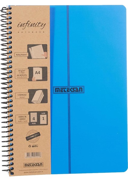 Serisi, A4, 5 Konulu (4, 1 Çizgili) 150 Yaprak Pp Kapaklı Spiralli Defter, Lacivert