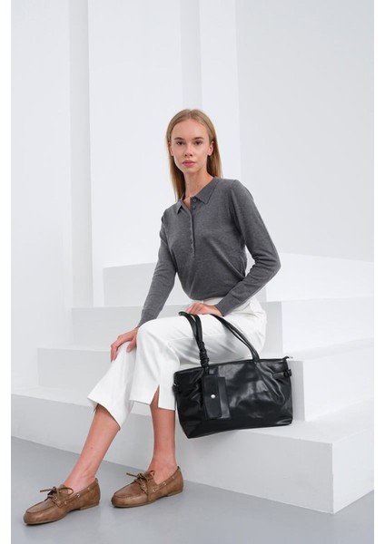 Vintage Suni Deri Omuz Çantası Siyah