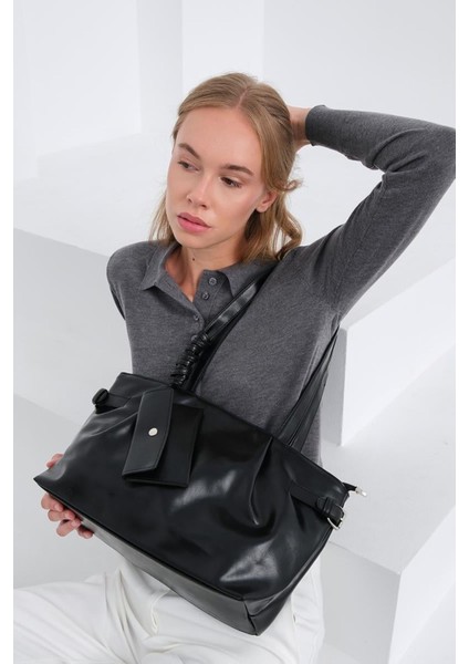 Vintage Suni Deri Omuz Çantası Siyah