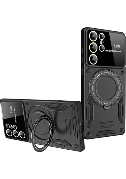 Ggm Aksesuar Galaxy S24 Ultra ile Uyumlu Joy Lens Kamera Korumalı Entegre Standlı Kılıf (Siyah)