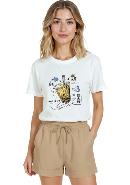 Kadın Beyaz Relaxed Fit %100 Pamuk Tişört – Bubble Tea & Çizgisel Illüstrasyonlu
