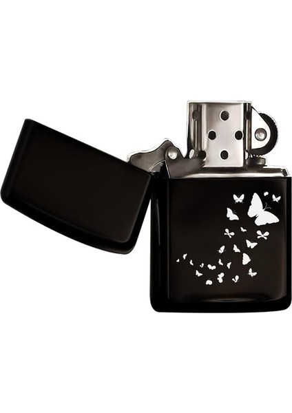 Kelebekler Tasarımlı Siyah Benzinli Metal Çakmak