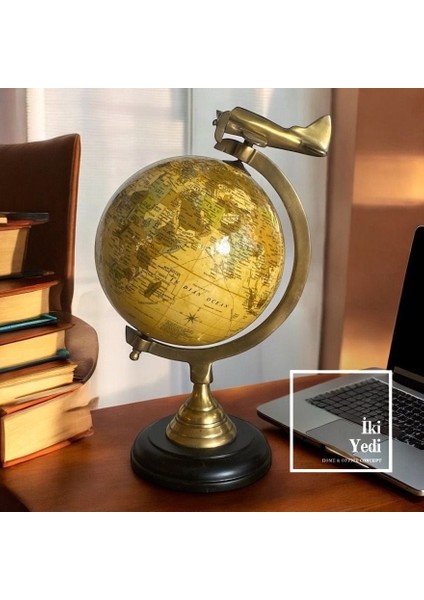 Walter Uçak Tasarımlı Dünya Küresi, Pirinç Gövdeli Yerküre, Ofis Hediyesi Dekoratif Aksesuar