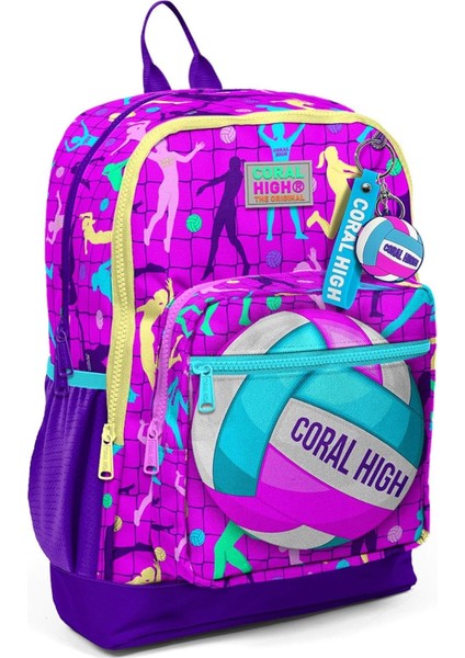 Dört Bölmeli Pembe Mor Voleybol Desenli Ilkokul Sırt Çantası - Kız Çocuk