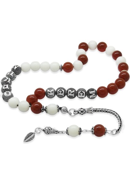 925 Ayar Gümüş Püsküllü Küre Kesim Isme Özel Yazılı Kırmızı Beyaz Jade Akik Doğaltaş Taraftar Tesbih