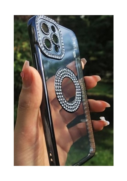 13 Pro Ile Uyumlu Taşlı Parlak Logo Açık Kadın Kılıf Kapak (Siyah) modelleri