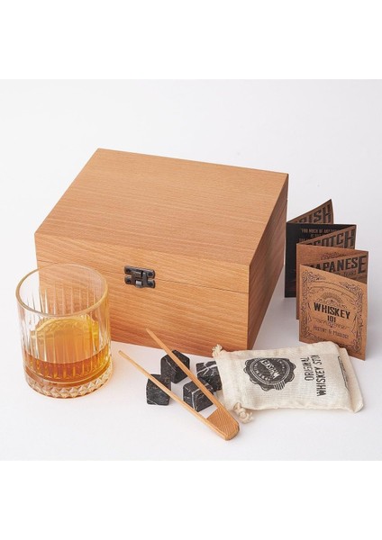 Kayın Ahşap Kutulu Viski Kadeh Viski Bardağı 4 Soğutucu Taş Seti Bambu Maşa