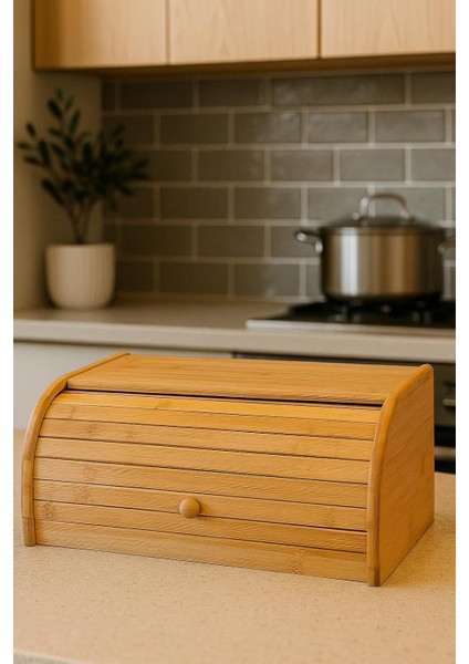 Ahşap Bambu Ekmeklik, Sürgülü Kapaklı Ahşap Ekmek Sepeti, Bambu Ekmek Kutusu (40 x 17 x 27 Cm)