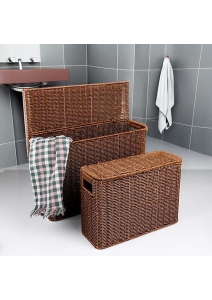 Wicker Serisi 2&apos;li Diktördgen Hasır Kirli Sepeti ve Organizatör
