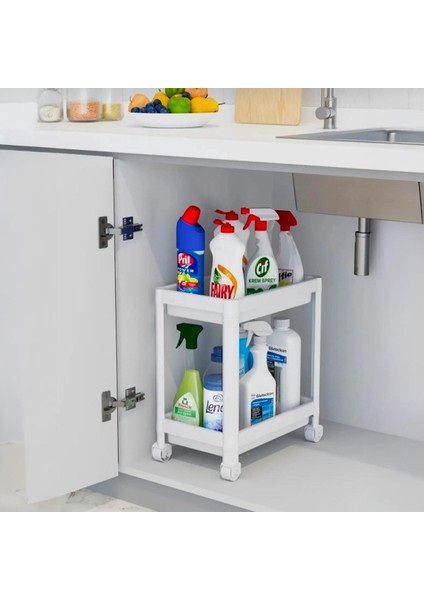 2 Katlı Tekerlekli Tezgah Altı Düzenleyici, Mutfak,, Ardiye ve Depo Için Yer Tasarruflu Depolama Rafı | Kompakt ve Pratik Tasarım (40X36X23CM) (Beyaz)