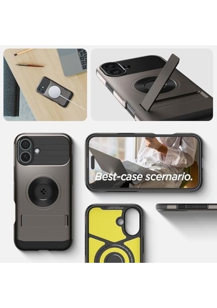 16 ile Uyumlu Ekstra Dayanıklı Magsafe Kılıf Slim Armor Hava Kanalı Teknolojisi Askeri Sınıf Koruma Magfit Kickstand&apos;lı Gunmetal Çift Katman Kapak - ACS08226 fiyatları